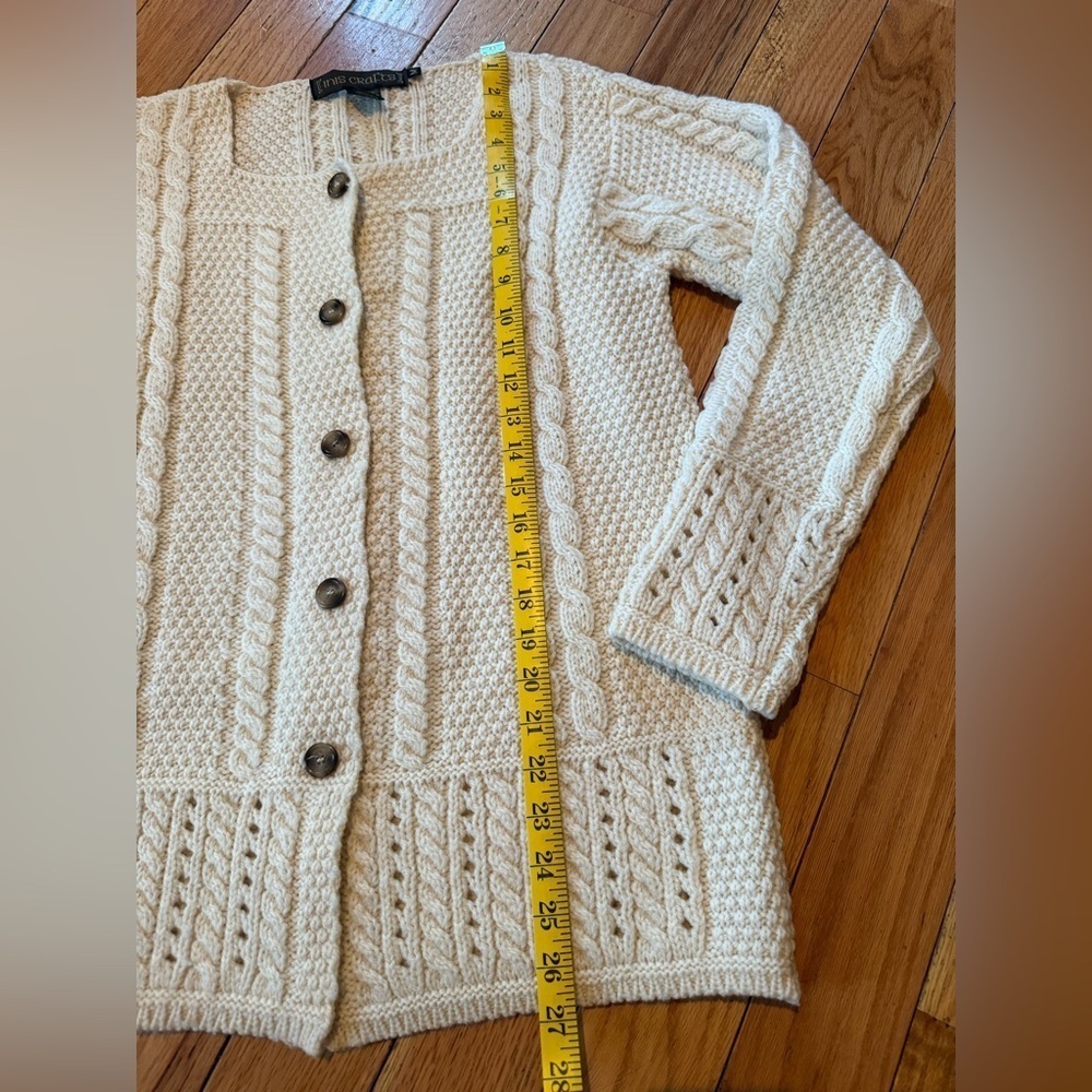 Inis Crafts 100% Wool Cardigan Sweater Cable Knit Square Neck Ivory Womens Sz M - Picture 15 of 15